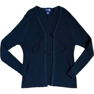 Venezia Jeans  size 14/16 black ribbed cardigan, warm, ties at top